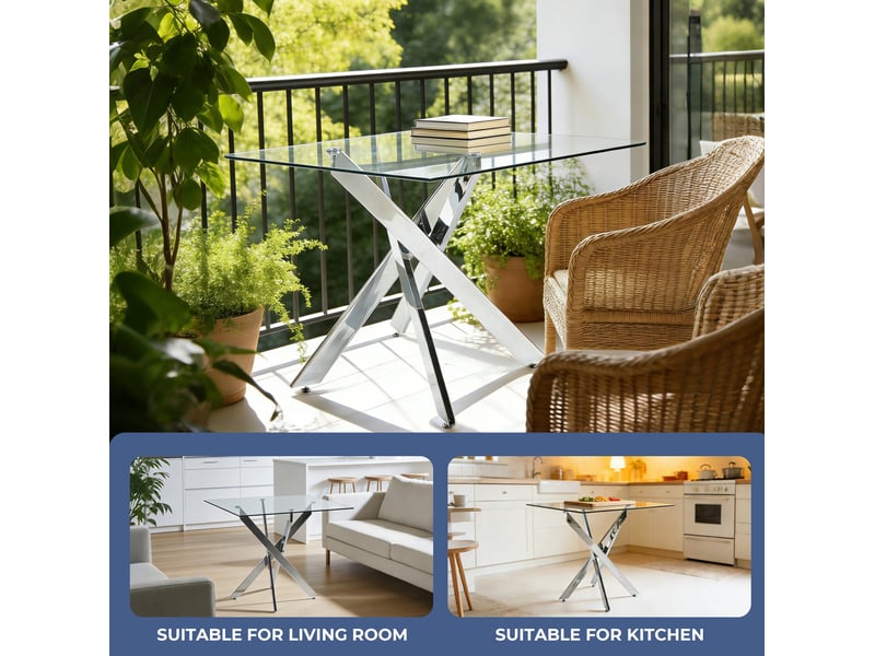  Table à manger carrée moderne – plateau en verre trempé et piètement métal chromé – argenté – 80 x 80 x 75 cm  - Conforama D