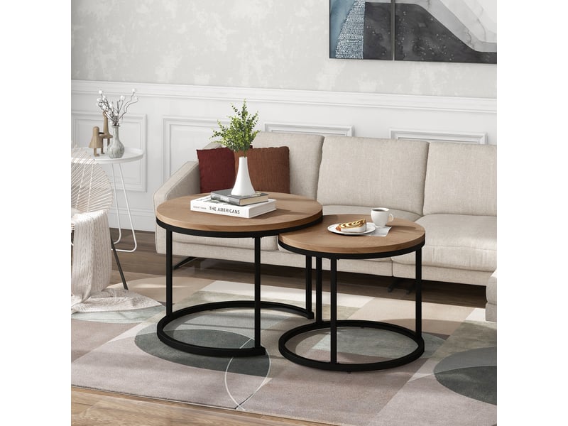 Table basse ronde lot de 2 tables gigognes salon aspect bois mdf 50kg  - Conforama R