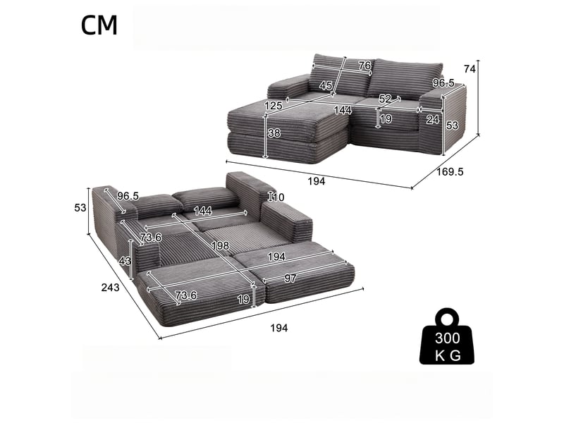 Canapé d’angle modulable en velours côtelé – accoudoirs carrés et 2 coussins inclus, 74×194×169.5 cm, gris - Conforama C