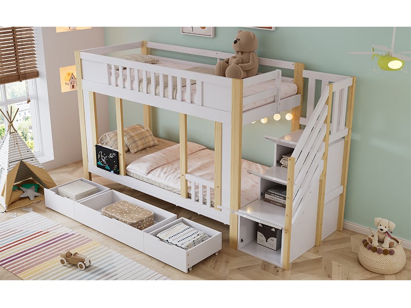 Lit superposé enfant 90 x 200 cm avec escalier de rangement et 3 tiroirs sur roulettes, tableau à craie et garde-corps, bois, blanc Morn Vibe - Conforama C
