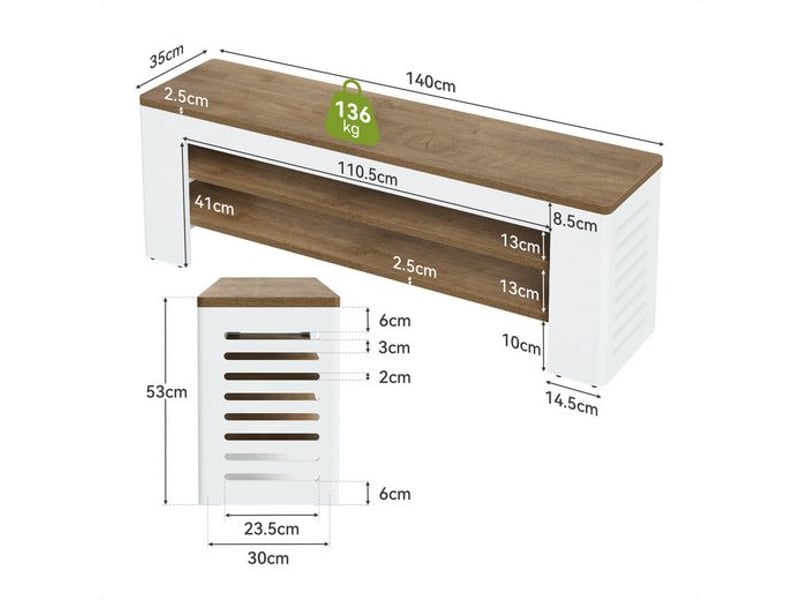  Banc à chaussures de 140 cm (55 po) à 3 niveaux pour entrée, capacité jusqu'à 15 paires, meuble de rangement moderne pour chaussures, banc long avec étagères ; idéal pour le bout de lit, le couloir, la chambre ou l'entrée ; blan…  - Conforama C