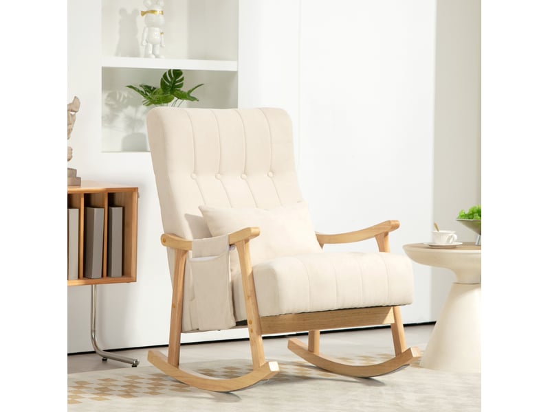  Chaise à bascule rembourrée avec coussin lombaire et poche latérale, cadre en bois et polyester beige 90 × 65 × 98 cm  - Conforama B