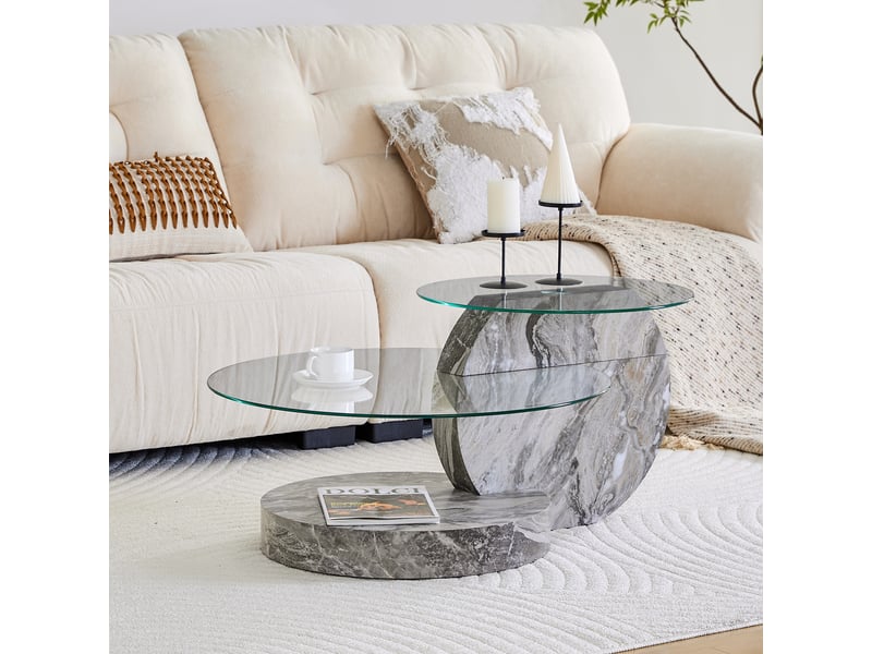  Table basse - 90x51x44cm - en verre trempé &amp; mdf - table de salon multiniveau effet marbre - gris veiné  - Conforama C