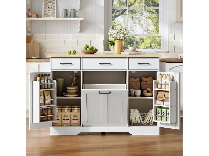  Îlot de cuisine mobile 120x70x87 cm avec plateau rabattable en mdf, blanc et naturel  - Conforama D