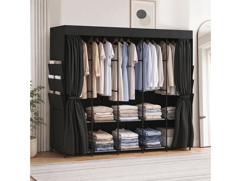  Armoire gain de place en tissu avec 5 tringles, 5 étagères, 6 poches latérales, portes anti-poussière zippées, noire  - Conforama C