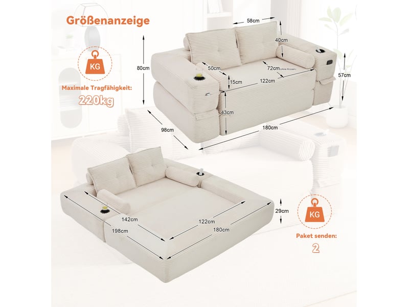  Canapé convertible 2 places modenvie en velours côtelé beige avec coffre de rangement, porte-gobelet et coussins mémoire 180 x 98 cm  - Conforama C