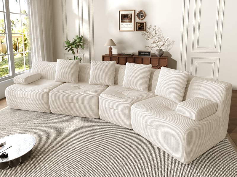  Canapé modulaire 4 places, modules combinables, sans montage, haute résilience, charge 400 kg, 65x90x311cm, velours côtelé, beige  - Conforama B