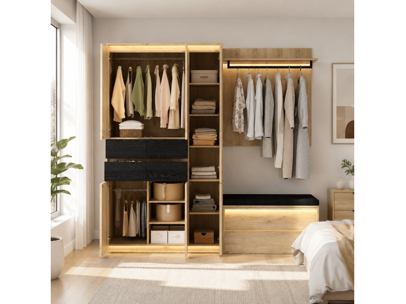 Garde-robe d'entrée 200x47x200 cm avec miroir et led, mdf, bois, grande armoire de rangement entrée et dressing, déco  - Conforama D