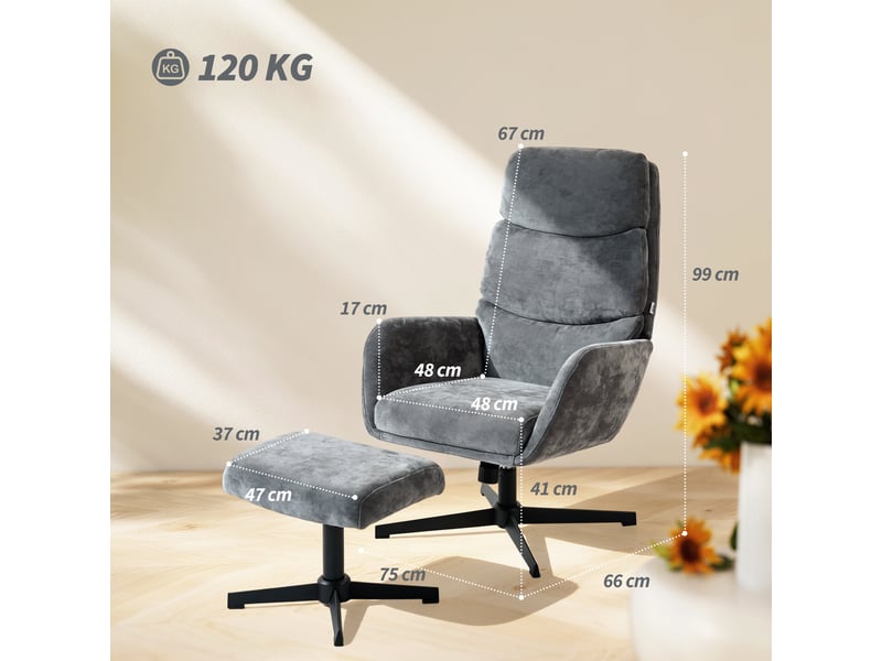  Fauteuil rembourré avec repose-pieds, fauteuil lounge à dossier haut, piètement en métal, pour salon, chambre, gris  - Conforama E