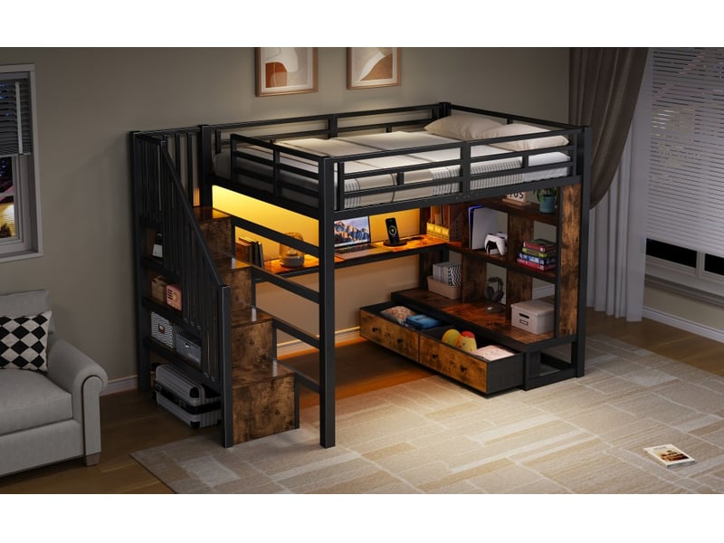  Lit mezzanine 140x200 cm avec bureau et rangements, lit enfant en métal noir avec escalier et tiroirs intégrés IKSETERA TRADING LTD - Conforama E