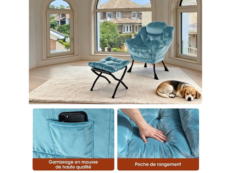  Fauteuil relax avec pouf, accoudoirs, poche latérale et repose-pieds, fauteuil lounge tv en tissu pour salon, chambre et bureau  - Conforama D