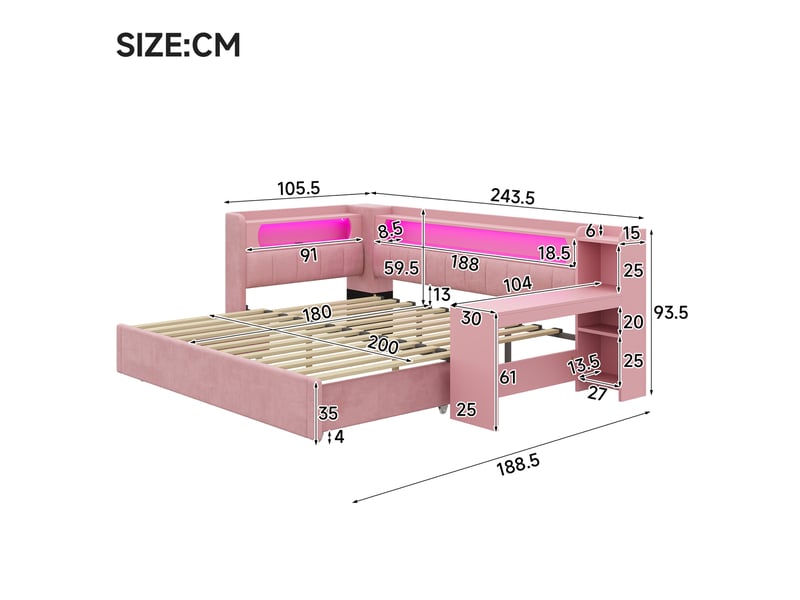  Lit banquette extensible 90 à 180 x 200 cm, lit gigogne, bureau, étagères, led, ports usb, revêtement lin, rose  - Conforama C