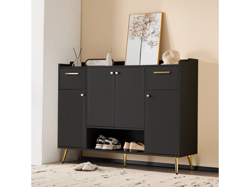  Meuble à chaussures avec 4 portes, 2 tiroirs et 1 niche ouverte, pieds en métal, noir, 130 × 37 × 100 cm  - Conforama C