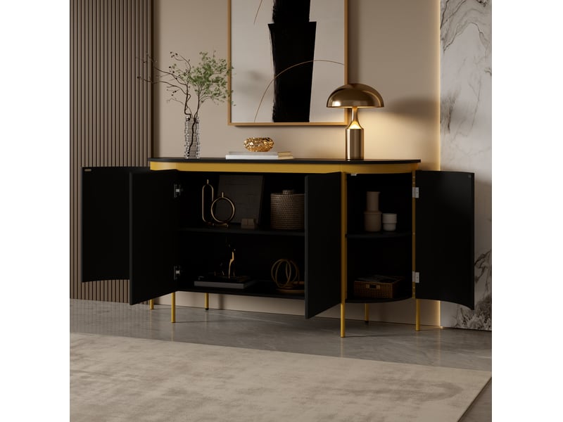  Buffet et enfilade ovale 4 portes sans poignées, étagère et passe-câbles pour salon en mdf noir 140 × 38 × 80 cm  - Conforama E