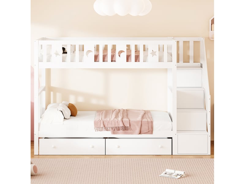 Lit superposé enfant 2x90x200 cm avec escalier de rangement et 2 tiroirs, blanc - Conforama E