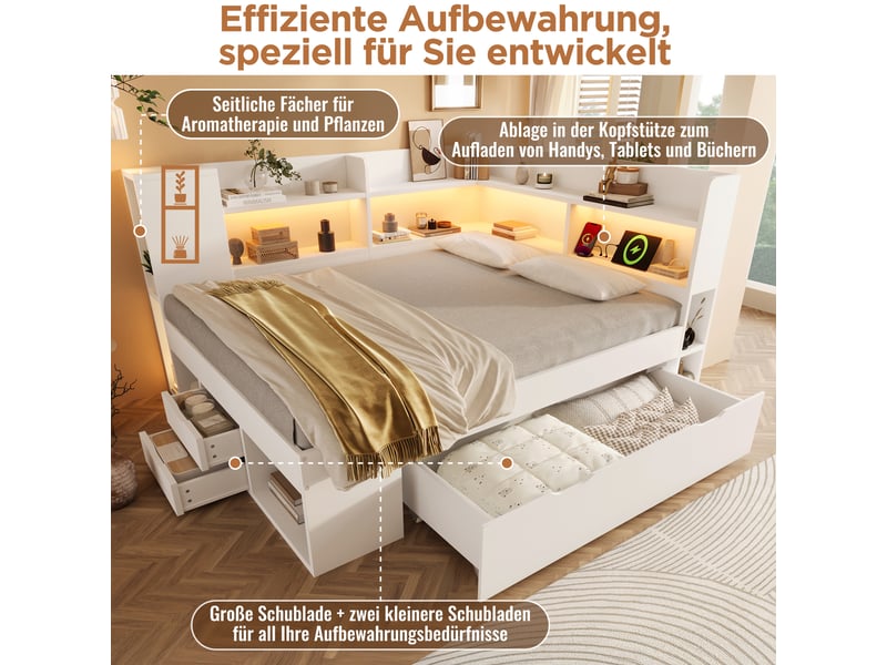 Canape lit 90x200 cm avec éclairage led et station de recharge usb et type-c, blanc, lit simple avec étagères et tiroirs  - Conforama D