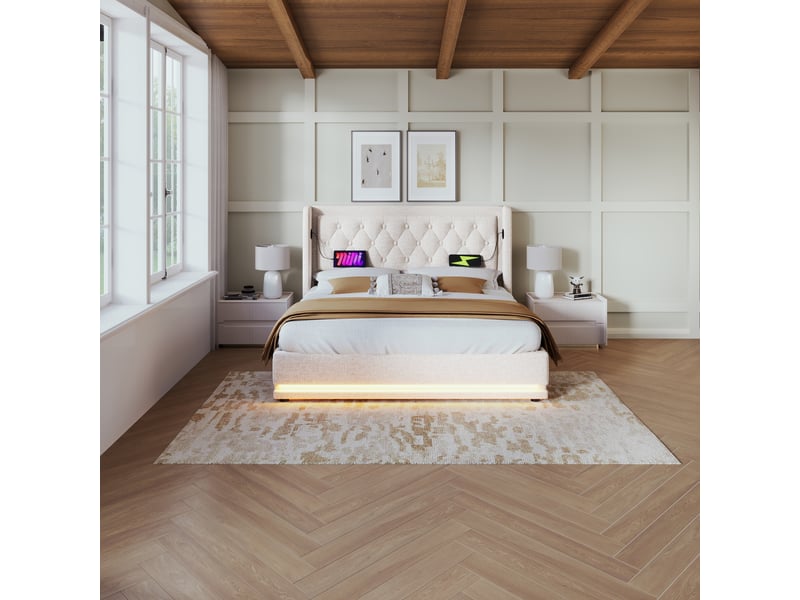  Lit coffre beige 160x200 avec led 3 côtés et ports usb  - Conforama D