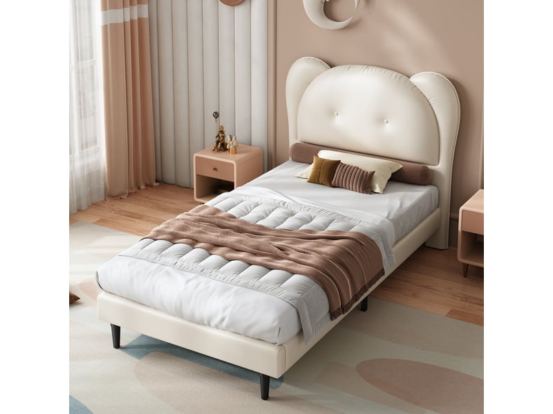  Lit enfant rembourré avec tête de lit animal, pu beige, 90x200cm, sommier robuste et cadre en métal  - Conforama B