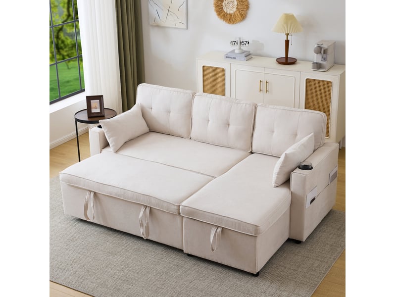  Canapé d'angle convertible modenvie réversible 3 places avec rangement 211 x 130 x 86 cm beige  - Conforama D