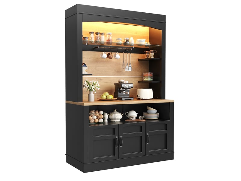  Buffet de cuisine haut avec 3 portes, éclairage led, plan de travail et étagères réglables pour cuisine en mdf noir  - Conforama A