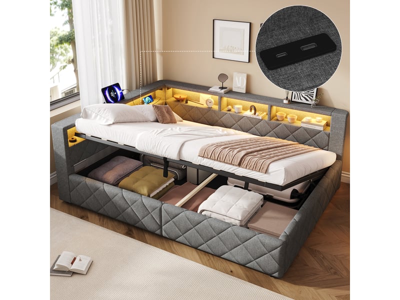 Lit coffre 140x200 cm avec rangement hydraulique, tête de lit avec étagère, LED RGB réglable et port USB, lit rembourré en lin - Gris Fay Lum - Conforama D
