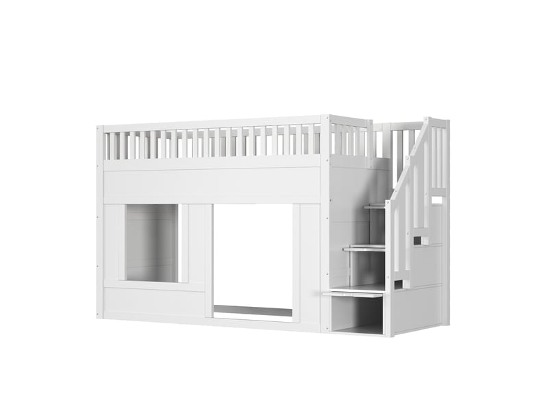  Lit superposé enfant 90x200 cm – blanc – escalier de rangement, espace de jeu modulable – sans matelas  - Conforama D