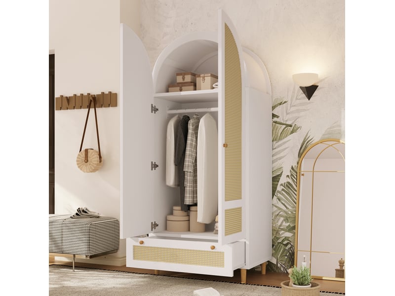  Armoire 2 portes 80 x 50 x 180 cm avec tringle, tiroir, mdf blanc et rotin  - Conforama E
