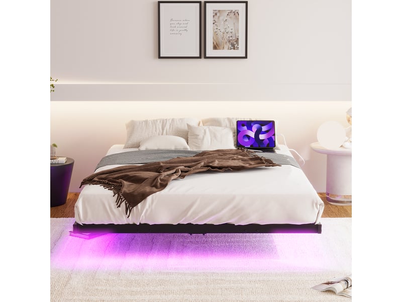  Lit plateforme flottant 140x190 cm avec éclairage led, ports usb et structure métallique noire, sommier inclus  - Conforama C