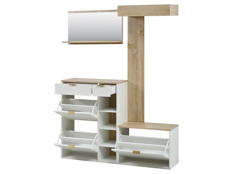  Meuble d'entrée vestiaire 4 pièces avec miroir et banc blanc naturel 130x30x174 cm  - Conforama A