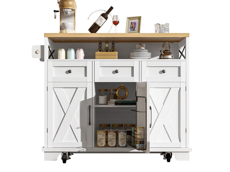  Îlot de cuisine blanc avec plateau rabattable, chariot de cuisine à roulettes avec rangement multifonctionnel, 118x43x98cm  - Conforama W