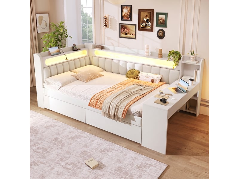  Lit de repos 140x200 avec port usb et 2 tiroirs, bureau intégré, blanc  - Conforama B