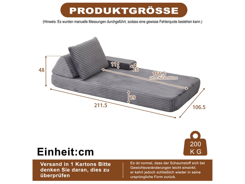  Canapé modulable convertible 211 cm en velours côtelé, dossier triangulaire, accoudoirs amovibles, assise longue multifonction - gris  - Conforama C