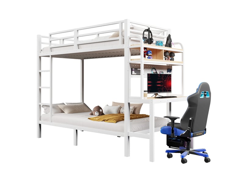  Lit superposé enfant 90 x 200 cm en métal et mdf, avec bureau, rangements, éclairage led et port usb, blanc  - Conforama A