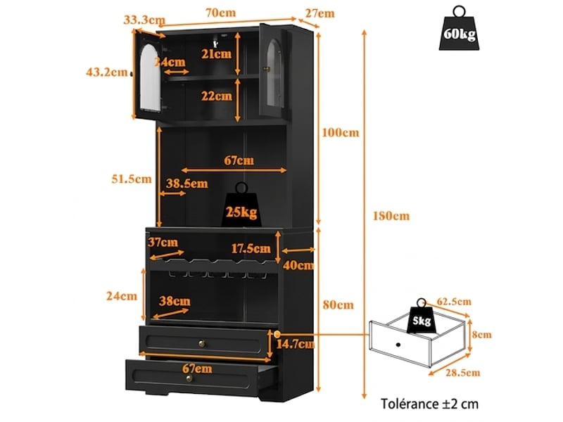  Armoire haute avec portes en verre et éclairage led intelligent, buffet noir avec éclairage led, 140x40x180cm  - Conforama E