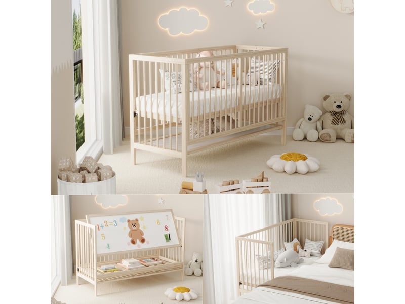  Lit bébé  60 x 120 cm -lit multifonctionnel 5 en 1 60 x 120- hauteur réglable - bureau et chevalet convertibles - bois - beige  - Conforama D