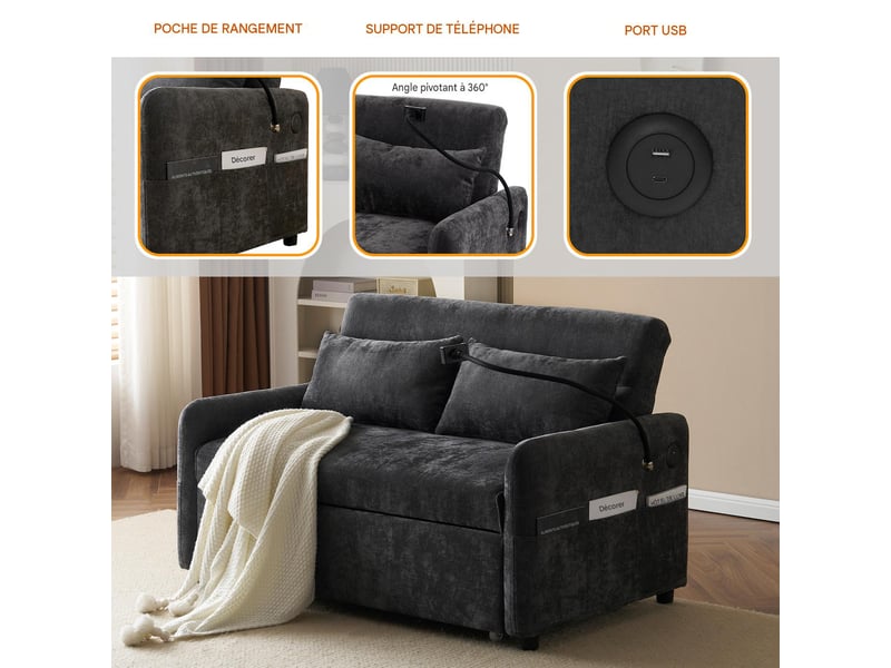  Canapé convertible 2 places en tissu chenille gris 129x76x81 cm N653P202122G - Conforama D