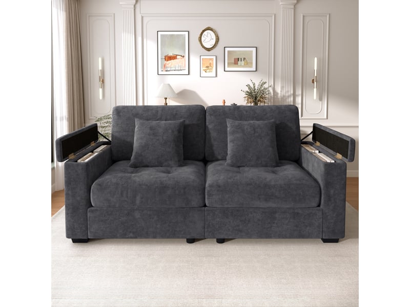  Canapé droit 2 places 180 cm avec rangement intégré dans les accoudoirs, poches latérales, 2 coussins et mousse haute densité, chenille, gris foncé  - Conforama D
