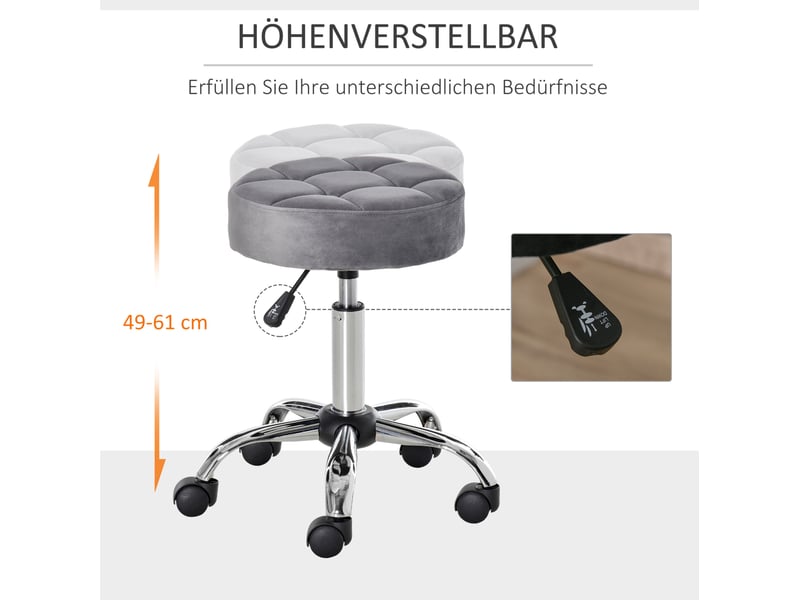  Tabouret de travail à roulettes 35x35x61 cm, pivotant, réglable en hauteur, base en métal chromé, couleur gris clair  - Conforama C