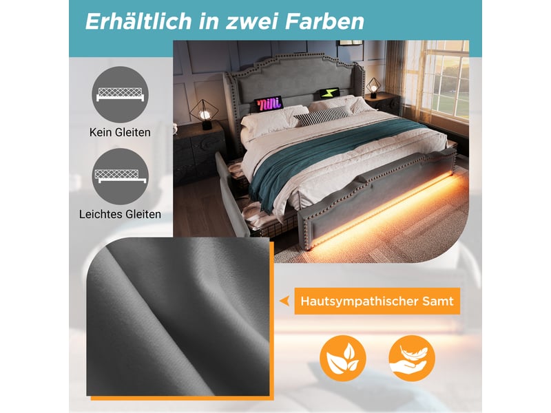 Lit coffre rembourré 180x200 cm avec 4 tiroirs, led et usb-c, sommier à lattes, revêtement velours gris Morn Vibe - Conforama E