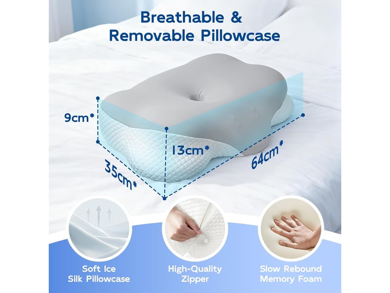  Oreiller ergonomique cervical, oreiller mémoire forme respirant,  pour les dormeurs sur le côté, le dos et le ventre, 64x35.9x13cm,gris  - Conforama C