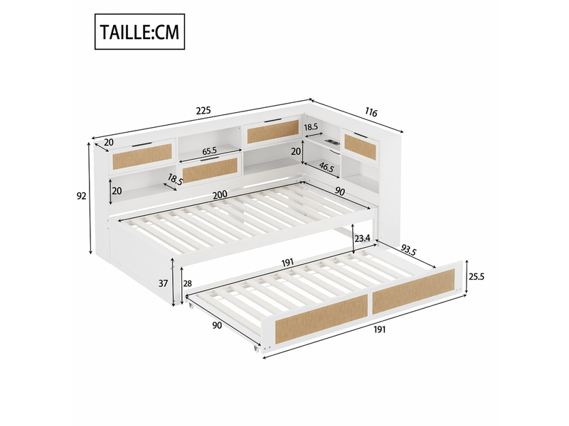  Canapé convertible lit gigogne avec rangements et prises de charge, cadre en bois massif et rotin blanc  - Conforama D
