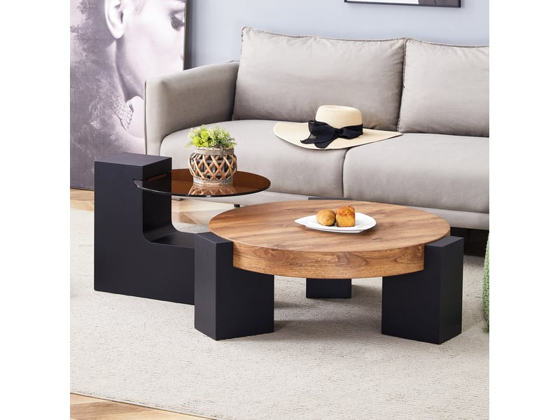  Table basse ronde 61x30 cm et desserte 44x44 cm, 2 niveaux, pieds en l démontables, salon, mdf et verre, noir et bois  - Conforama B
