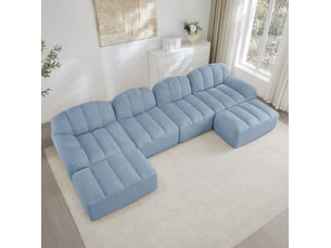 Canapé d'angle modulable en u 4 places bleu, tissu bouclette et 2 ottomans, idéal pour le salon familial