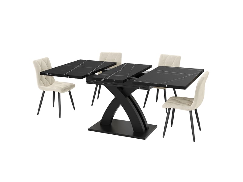  Table à manger rectangulaire extensible 120-160 x 80 cm, plateau mdf noir à motifs, piètement en x, rallonge intégrée, jusqu’à 6 places  - Conforama D