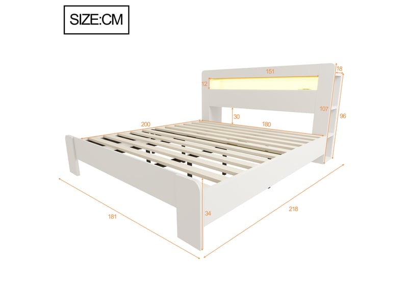  Lit 180x200 cm en bois blanc, tête de lit avec rangement, led et prises intégrées Fay Lum - Conforama C