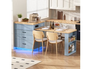Ilot de cuisine extensible 125,5-187,5x71x93 cm - bleu - roulettes, led, prises usbtype-c et rangement