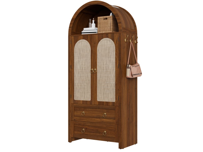 Meuble de rangement avec 2 portes en rotin, 2 tiroirs, étagères réglables et crochets pour salon en mdf noyer - Conforama A