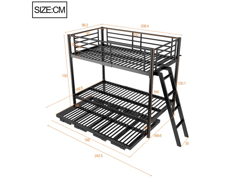  Lit superposé 90 × 200 cm 2 places avec lit gigogne extensible 180 × 200 cm, sans matelas, métal noir  - Conforama D