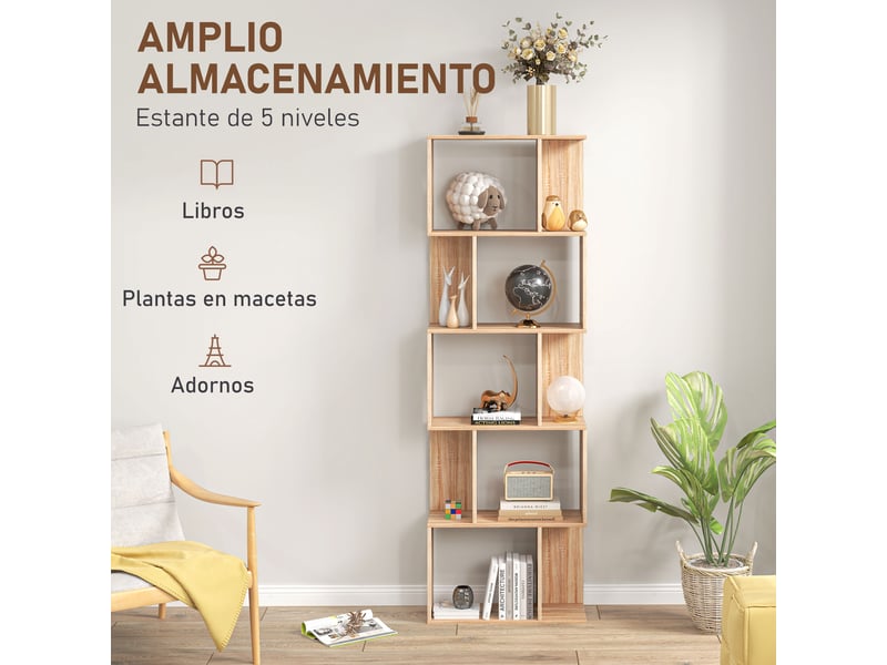 Étagère en forme de s à 5 niveaux pour salon, chambre, bureau, 24 x 60 x 184,5 cm, naturelle  - Conforama D