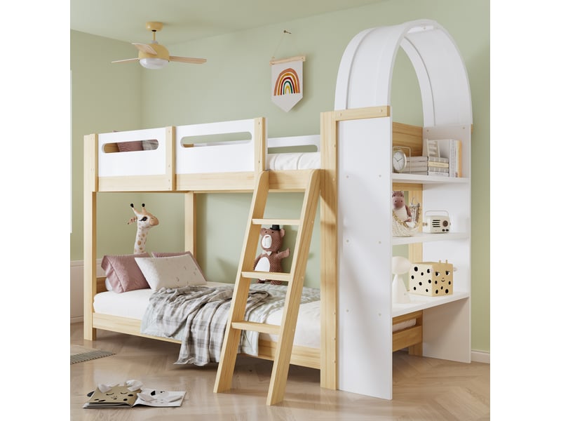  Modenvie lit superposé enfant 90x200 cm - avec étagère 3 niveaux et échelle 3 marches, sans matelas - blanc et naturel  - Conforama E
